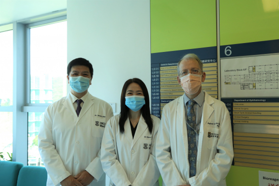 HKUMed demonstrates the mechanisms of vascular damage in SARS-CoV-2 infection, and shows how Imatinib may be a potential treatment for COVID-19 induced lung injury and vascular diseases. Members of the research team include: (from left to right) Dr Michael Chan Chi-wai, Associate Professor, School of Public Health; Dr Kenrie Hui Pui-yan, Assistant Professor, School of Public Health; and Professor John Nicholls, Clinical Professor, Department of Pathology.
 